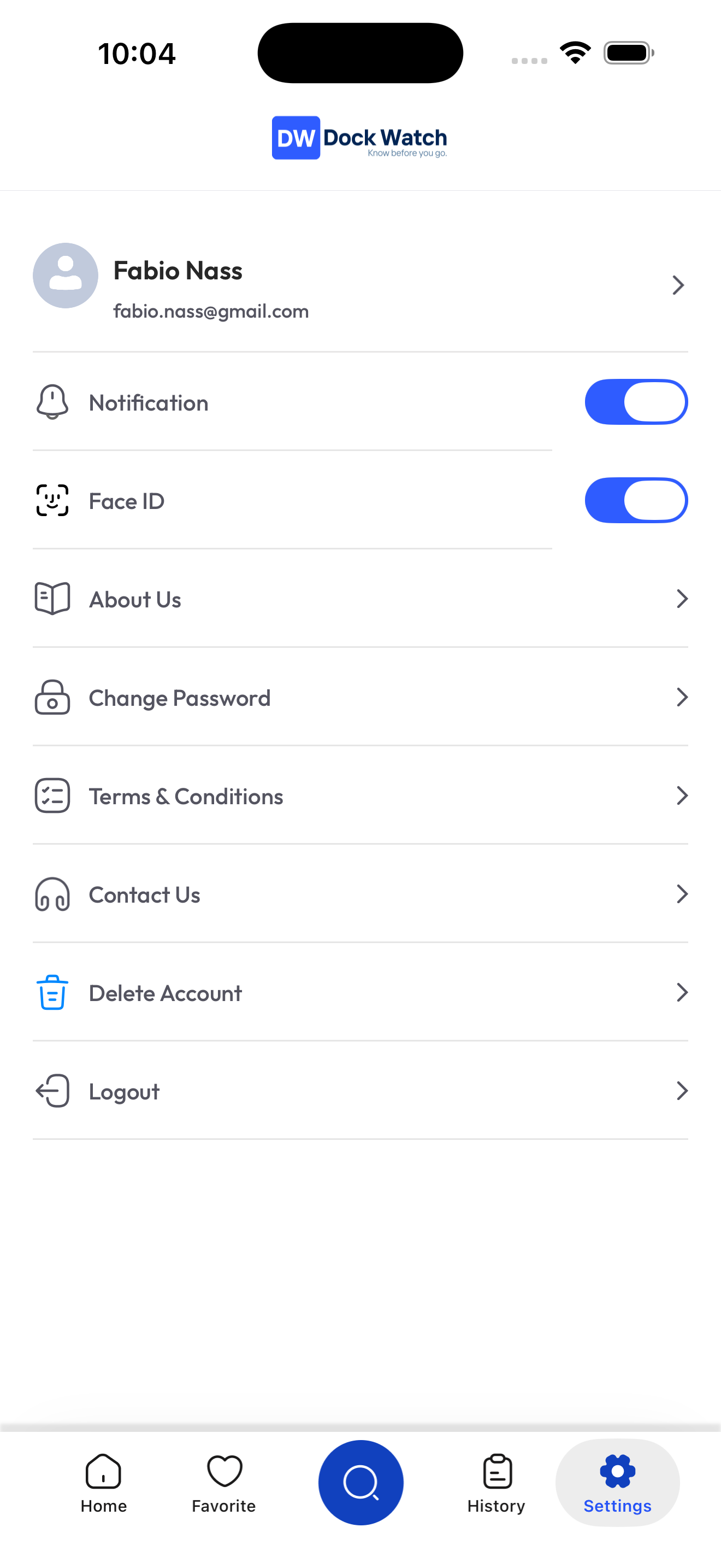 Settings screen with Face ID toggle